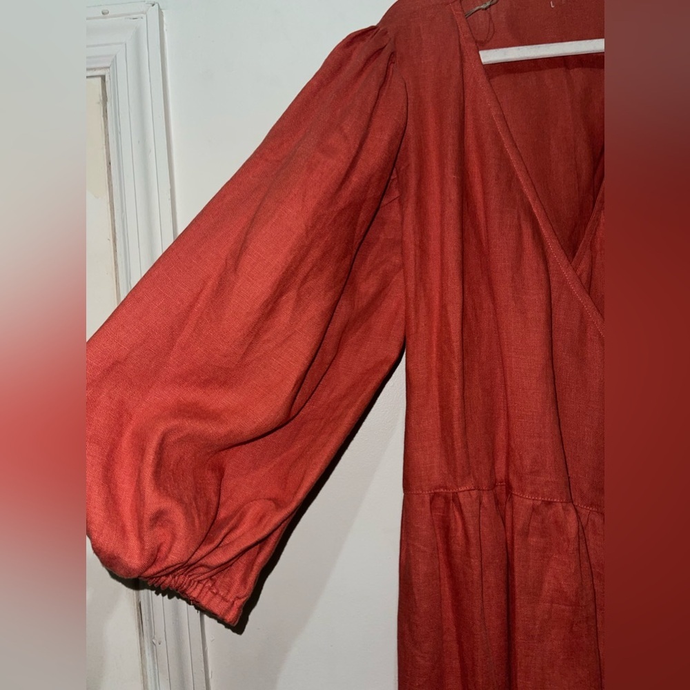 Women's Rust Wrap Midi Dress with Puff Sleeves - Picture 7 of 14